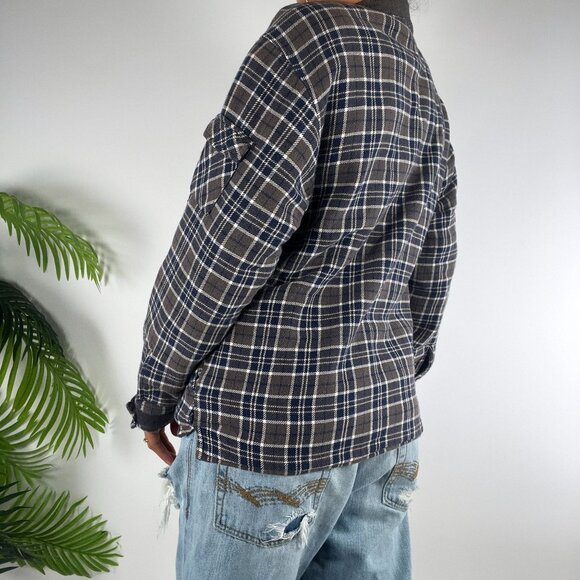 Vintage 90s Grunge Indie Granola Girl Gorpcore Casual Flannel Zip Up Shacket / L - Picture 2 of 8
